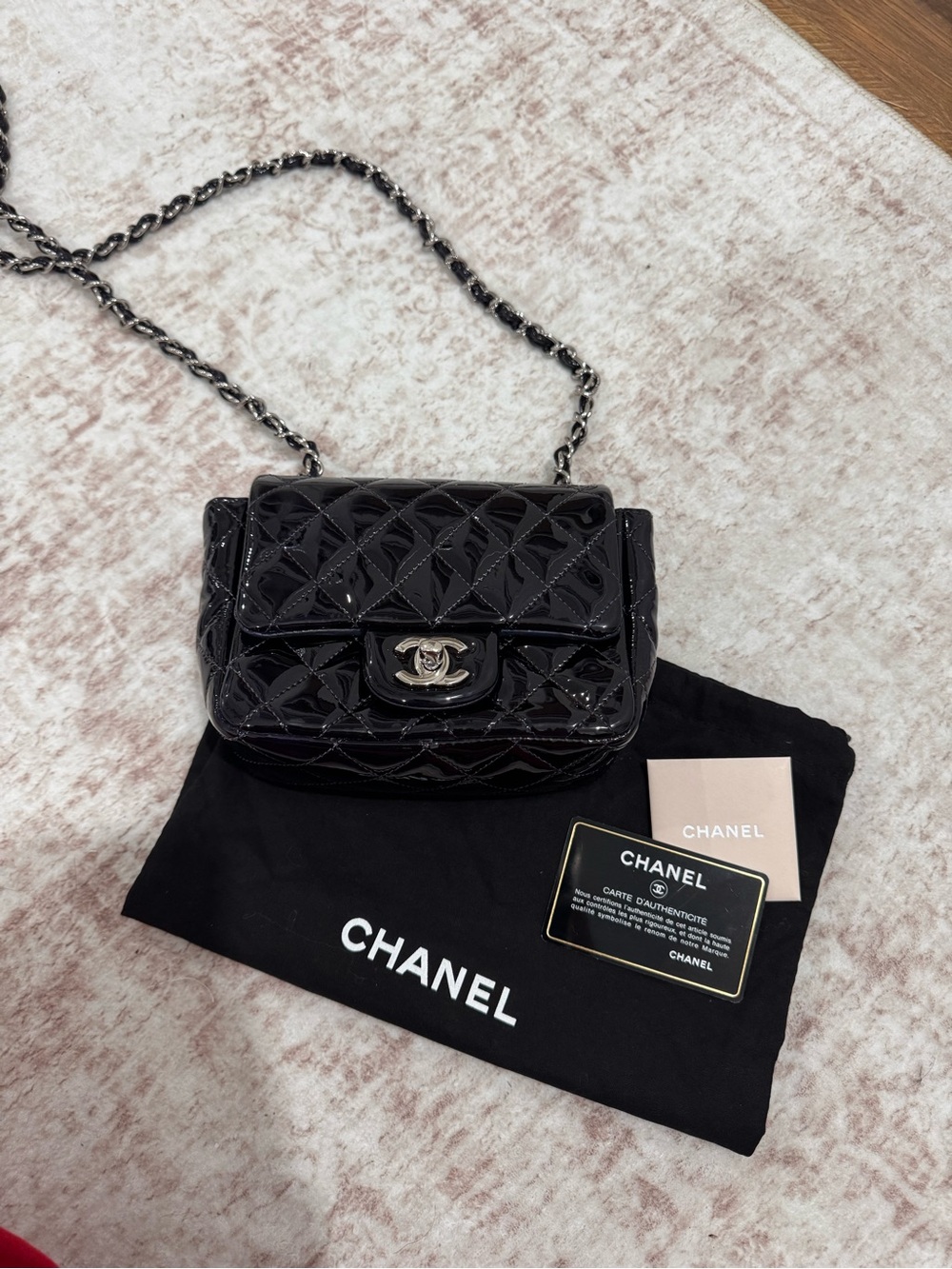 CHANEL Dark Blue Patent Quilted Mini Flap Bag with Chain Strap